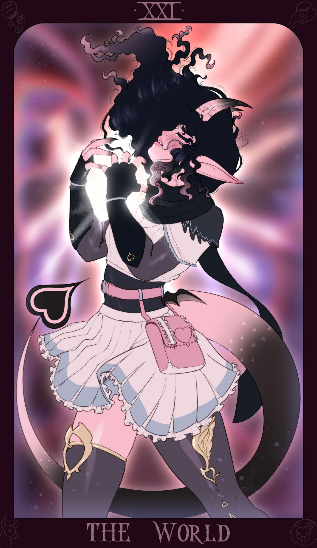 Lillienne as the World. A quiet, wounded succubus who defies expectations. She embodies both upright and reversed: balance and stagnation, freedom and entrapment. Seeking escape from those who hurt her, she’s trapped in cycles she never chose.