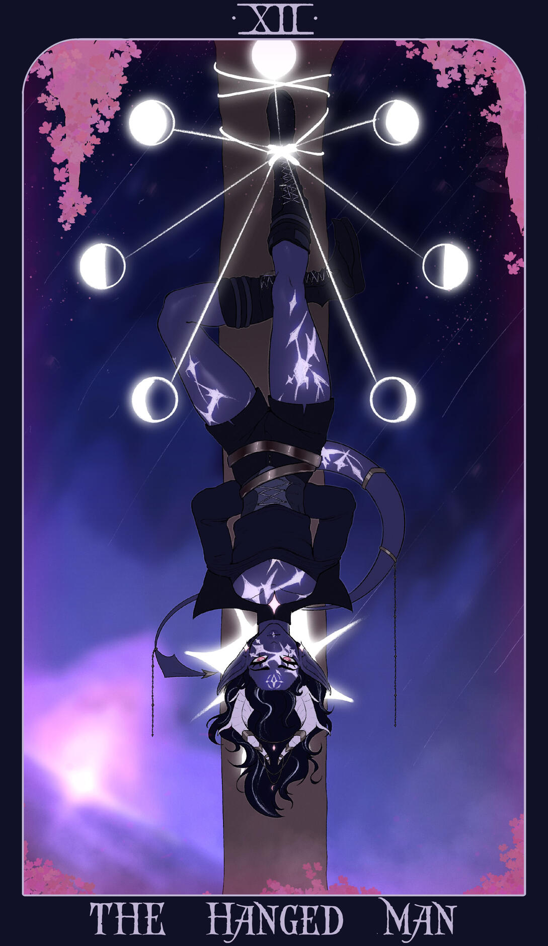 Abyzou as the Hanged Man. A tiefling sorcerer marked by a bad omen, stars scar her body, forming a crosshair on her forehead. She embodies the reversed Hanged Man; trapped in uncertainty, torn between acceptance and obsession, chasing escape from fate.