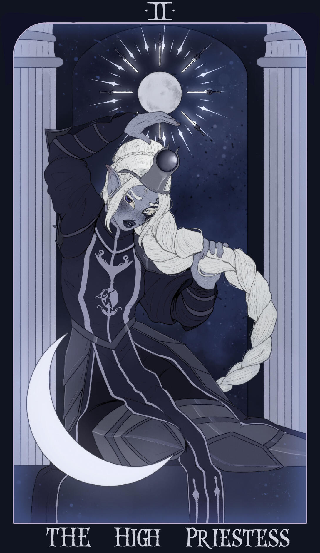 Esmarie as the High Priestess. A drow cleric of Eilistraee, she mirrors others to hide her uncertainty. One eye is goddess-blessed, stark white. She embodies the reversed card representing repressed intuition, doubt, and a lack of self-faith.